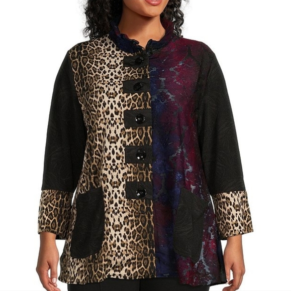 Calessa Jackets & Blazers - Calessa Plus Size Burnout Animal Patchwork Print Long Sleeve Patch Pocke…